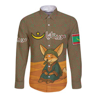 Mauritania Long Sleeve Button Shirt with Cute Fennec Fox and Arabic Calligraphy Desert Design