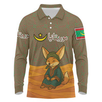 Mauritania Long Sleeve Polo Shirt with Cute Fennec Fox and Arabic Calligraphy Desert Design