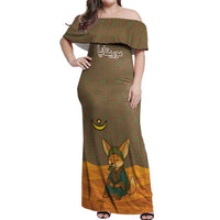 Mauritania Off Shoulder Maxi Dress with Cute Fennec Fox and Arabic Calligraphy Desert Design