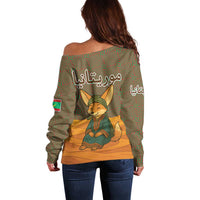 Mauritania Off Shoulder Sweater with Cute Fennec Fox and Arabic Calligraphy Desert Design