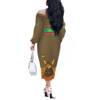 Mauritania Off The Shoulder Long Sleeve Dress with Cute Fennec Fox and Arabic Calligraphy Desert Design