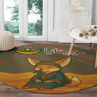 Mauritania Round Carpet with Cute Fennec Fox and Arabic Calligraphy Desert Design