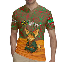 Mauritania Rugby Jersey with Cute Fennec Fox and Arabic Calligraphy Desert Design