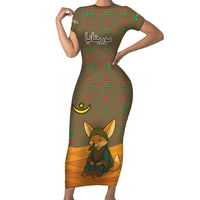 Mauritania Short Sleeve Bodycon Dress with Cute Fennec Fox and Arabic Calligraphy Desert Design