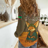 Mauritania Women Casual Shirt with Cute Fennec Fox and Arabic Calligraphy Desert Design