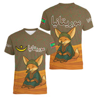 Mauritania Women V-Neck T-Shirt with Cute Fennec Fox and Arabic Calligraphy Desert Design