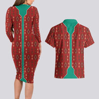 Turkmenistan Traditional Carpet Pattern Couples Matching Long Sleeve Bodycon Dress and Hawaiian Shirt with National Flag