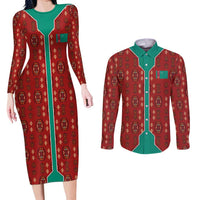 Turkmenistan Traditional Carpet Pattern Couples Matching Long Sleeve Bodycon Dress and Long Sleeve Button Shirt with National Flag