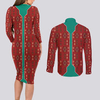 Turkmenistan Traditional Carpet Pattern Couples Matching Long Sleeve Bodycon Dress and Long Sleeve Button Shirt with National Flag