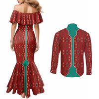 Turkmenistan Traditional Carpet Pattern Couples Matching Mermaid Dress and Long Sleeve Button Shirt with National Flag