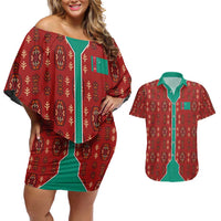 Turkmenistan Traditional Carpet Pattern Couples Matching Off Shoulder Short Dress and Hawaiian Shirt with National Flag