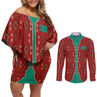 Turkmenistan Traditional Carpet Pattern Couples Matching Off Shoulder Short Dress and Long Sleeve Button Shirt with National Flag