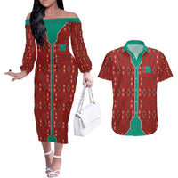 Turkmenistan Traditional Carpet Pattern Couples Matching Off The Shoulder Long Sleeve Dress and Hawaiian Shirt with National Flag