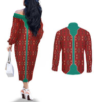 Turkmenistan Traditional Carpet Pattern Couples Matching Off The Shoulder Long Sleeve Dress and Long Sleeve Button Shirt with National Flag