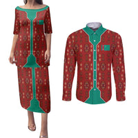 Turkmenistan Traditional Carpet Pattern Couples Matching Puletasi and Long Sleeve Button Shirt with National Flag