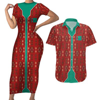 Turkmenistan Traditional Carpet Pattern Couples Matching Short Sleeve Bodycon Dress and Hawaiian Shirt with National Flag