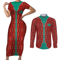 Turkmenistan Traditional Carpet Pattern Couples Matching Short Sleeve Bodycon Dress and Long Sleeve Button Shirt with National Flag