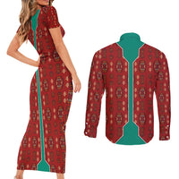 Turkmenistan Traditional Carpet Pattern Couples Matching Short Sleeve Bodycon Dress and Long Sleeve Button Shirt with National Flag
