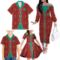 Turkmenistan Traditional Carpet Pattern Family Matching Off The Shoulder Long Sleeve Dress and Hawaiian Shirt with National Flag