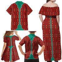 Turkmenistan Traditional Carpet Pattern Family Matching Off Shoulder Maxi Dress and Hawaiian Shirt with National Flag