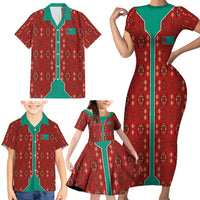 Turkmenistan Traditional Carpet Pattern Family Matching Short Sleeve Bodycon Dress and Hawaiian Shirt with National Flag