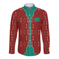 Turkmenistan Traditional Carpet Pattern Long Sleeve Button Shirt with National Flag