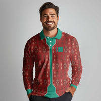 Turkmenistan Traditional Carpet Pattern Long Sleeve Polo Shirt with National Flag