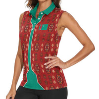 Turkmenistan Traditional Carpet Pattern Women Sleeveless Polo Shirt with National Flag