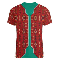 Turkmenistan Traditional Carpet Pattern Women V-Neck T-Shirt with National Flag