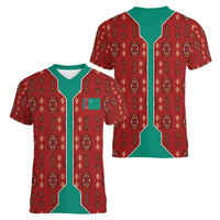 Turkmenistan Traditional Carpet Pattern Women V-Neck T-Shirt with National Flag