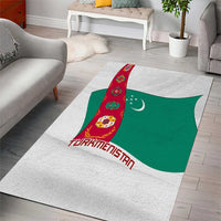 Turkmenistan Flag Area Rug with National Emblem and Carpet Stripe Design