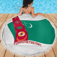 Turkmenistan Flag Beach Blanket with National Emblem and Carpet Stripe Design