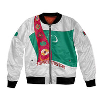 Turkmenistan Flag Bomber Jacket with National Emblem and Carpet Stripe Design