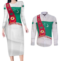 Turkmenistan Flag Couples Matching Long Sleeve Bodycon Dress and Long Sleeve Button Shirt with National Emblem and Carpet Stripe Design
