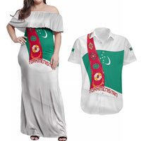 Turkmenistan Flag Couples Matching Off Shoulder Maxi Dress and Hawaiian Shirt with National Emblem and Carpet Stripe Design