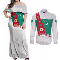 Turkmenistan Flag Couples Matching Off Shoulder Maxi Dress and Long Sleeve Button Shirt with National Emblem and Carpet Stripe Design