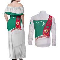 Turkmenistan Flag Couples Matching Off Shoulder Maxi Dress and Long Sleeve Button Shirt with National Emblem and Carpet Stripe Design