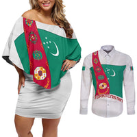 Turkmenistan Flag Couples Matching Off Shoulder Short Dress and Long Sleeve Button Shirt with National Emblem and Carpet Stripe Design