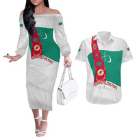 Turkmenistan Flag Couples Matching Off The Shoulder Long Sleeve Dress and Hawaiian Shirt with National Emblem and Carpet Stripe Design
