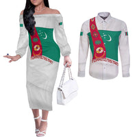 Turkmenistan Flag Couples Matching Off The Shoulder Long Sleeve Dress and Long Sleeve Button Shirt with National Emblem and Carpet Stripe Design