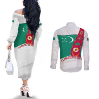 Turkmenistan Flag Couples Matching Off The Shoulder Long Sleeve Dress and Long Sleeve Button Shirt with National Emblem and Carpet Stripe Design