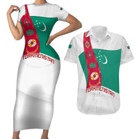 Turkmenistan Flag Couples Matching Short Sleeve Bodycon Dress and Hawaiian Shirt with National Emblem and Carpet Stripe Design