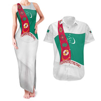 Turkmenistan Flag Couples Matching Tank Maxi Dress and Hawaiian Shirt with National Emblem and Carpet Stripe Design