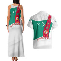 Turkmenistan Flag Couples Matching Tank Maxi Dress and Hawaiian Shirt with National Emblem and Carpet Stripe Design