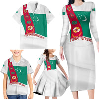 Turkmenistan Flag Family Matching Long Sleeve Bodycon Dress and Hawaiian Shirt with National Emblem and Carpet Stripe Design