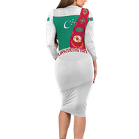 Turkmenistan Flag Family Matching Long Sleeve Bodycon Dress and Hawaiian Shirt with National Emblem and Carpet Stripe Design