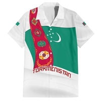Turkmenistan Flag Family Matching Off The Shoulder Long Sleeve Dress and Hawaiian Shirt with National Emblem and Carpet Stripe Design