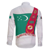 Turkmenistan Flag Family Matching Off The Shoulder Long Sleeve Dress and Hawaiian Shirt with National Emblem and Carpet Stripe Design