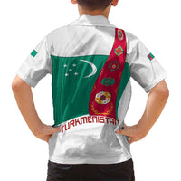 Turkmenistan Flag Family Matching Off Shoulder Short Dress and Hawaiian Shirt with National Emblem and Carpet Stripe Design