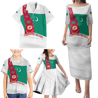 Turkmenistan Flag Family Matching Puletasi and Hawaiian Shirt with National Emblem and Carpet Stripe Design